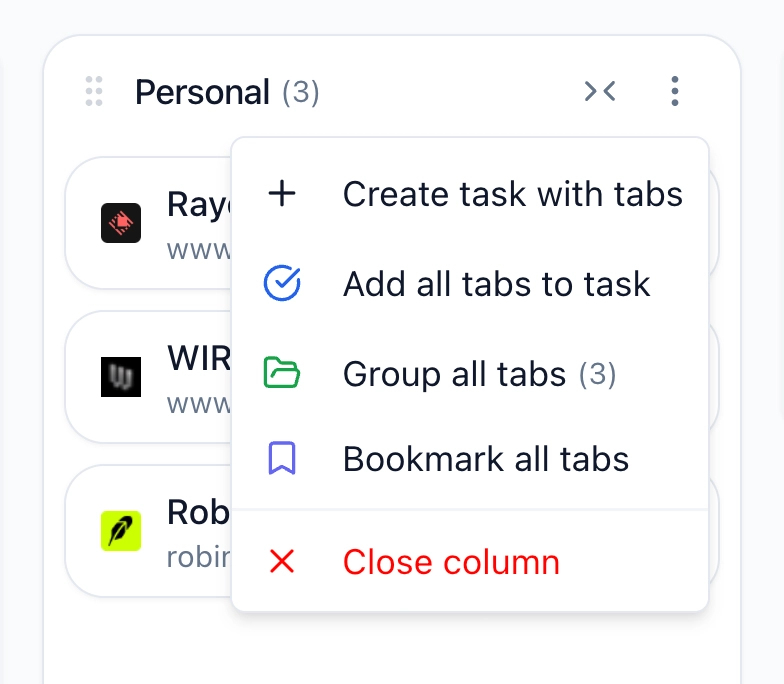 Screenshot of column quick actions